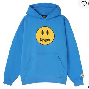 drew house Blue Crewneck Hoodie with Yellow Smiley Logo LARGE